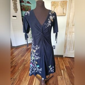 JOHNNY WAS - Black Twist Front Butterfly Embroidered Dress